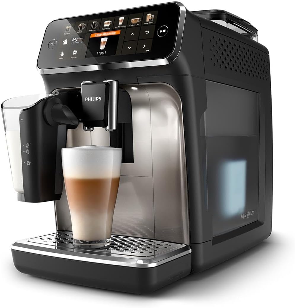 Philips Espressomaschine der Serie 5400 – Genießen Sie 12 Getränke, schnell reinigendes LatteGo, intuitives TFT-Display, anpassbare Kaffeeeinstellungen, erstklassiges Küchendesign (EP5441/50)